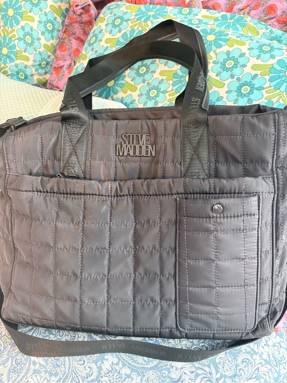 Steve Madden Blivia Quilted Black NylonTote Bag - Picture 2 of 12